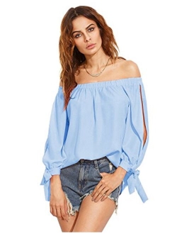 Women's Off Shoulder Slit Sleeve Tie Cuff Blouse Top