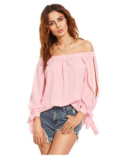 SheIn Women's Off Shoulder Slit Sleeve Tie Cuff Blouse Top