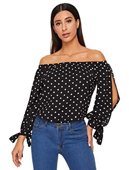 SheIn Women's Off Shoulder Slit Sleeve Tie Cuff Blouse Top