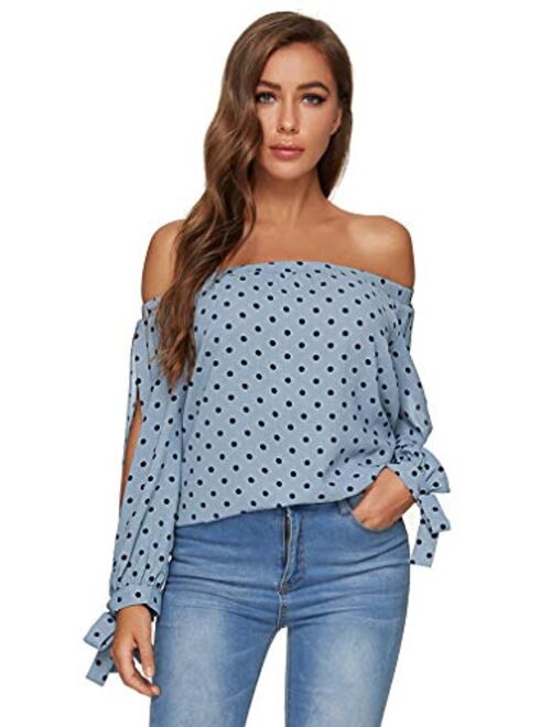 SheIn Women's Off Shoulder Slit Sleeve Tie Cuff Blouse Top