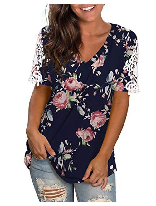 NIASHOT Womens Shirts V Neck Short Sleeve Lace Tunics Casual Losse Tops