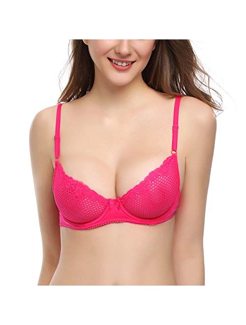 Deyllo Women's Sexy Lace Unlined See Through Underwire Demi Mesh