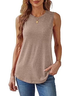 Hount Women's High Neck Tank Tops Summer Sleeveless T Shirts Loose Fit with Pockets