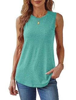 Hount Women's High Neck Tank Tops Summer Sleeveless T Shirts Loose Fit with Pockets