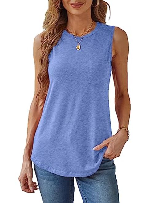 Hount Women's High Neck Tank Tops Summer Sleeveless T Shirts Loose Fit with Pockets