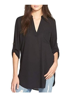 Women's Roll Tab Sleeve Tunic, Perfect Long for Leggings Shirt Cute Versatile Top