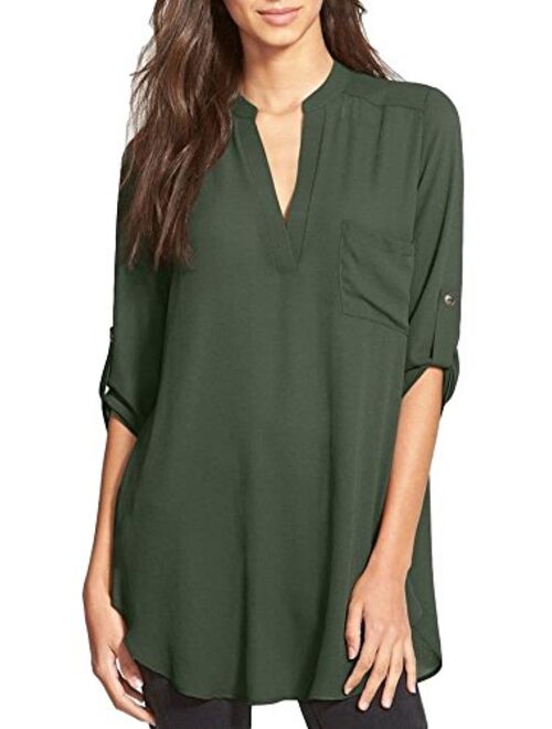 Women's Roll Tab Sleeve Tunic, Perfect Long for Leggings Shirt Cute Versatile Top