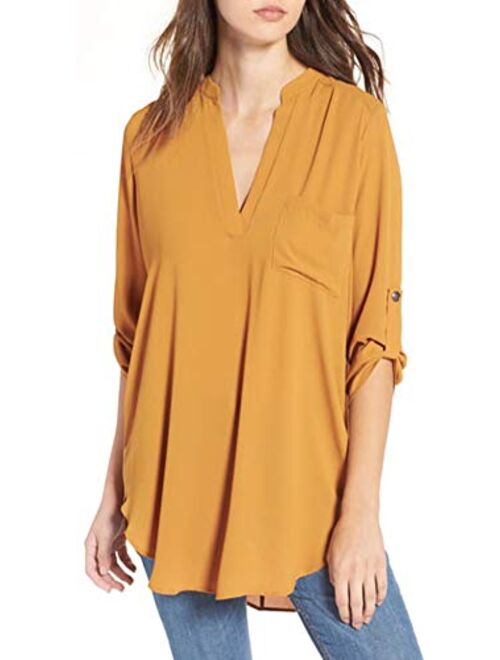 Women's Roll Tab Sleeve Tunic, Perfect Long for Leggings Shirt Cute Versatile Top