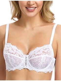 Wingslove Women's Full Coverage Non-Padded Balconette Bra Floral Lace Underwire Bra Soft Cup