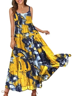 YESNO Loose Bohemian Floral Print Spaghetti Strap Long Maxi Summer Beach Swing Dress XS-5X E75