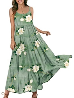 YESNO Loose Bohemian Floral Print Spaghetti Strap Long Maxi Summer Beach Swing Dress XS-5X E75