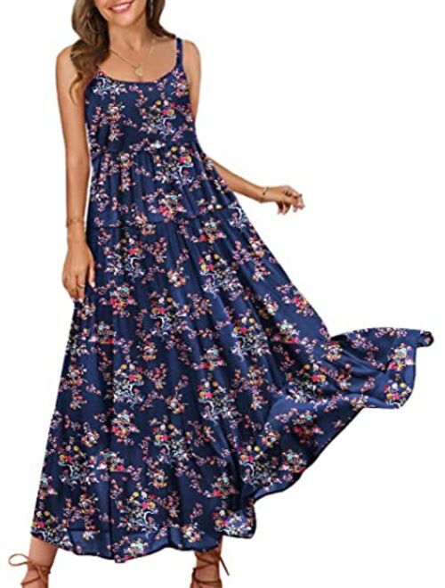 YESNO Loose Bohemian Floral Print Spaghetti Strap Long Maxi Summer Beach Swing Dress XS-5X E75