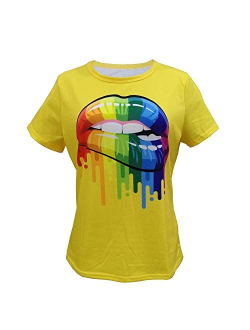 Womens 80s T-Shirt Print Casual Color Lips Graphic Tees Short Sleeve Summer Tops with Funny Graphic