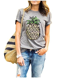 ZAWAPEMIA Womens Graphic Tshirt Summer Letters Pineapple Printed Tee Tops