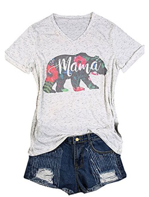 Women's Mama Bear Floral Printed Short Sleeve V-Neck Casual T-Shirt Blouse