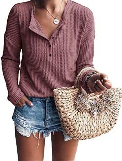 Womens Henley Shirts V Neck Long Sleeve Button Down Tops Warm Waffle Knit Tees