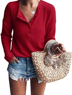 Womens Henley Shirts V Neck Long Sleeve Button Down Tops Warm Waffle Knit Tees