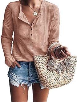 Womens Henley Shirts V Neck Long Sleeve Button Down Tops Warm Waffle Knit Tees