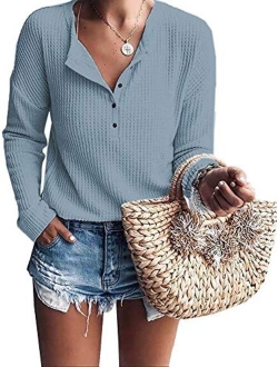 Womens Henley Shirts V Neck Long Sleeve Button Down Tops Warm Waffle Knit Tees