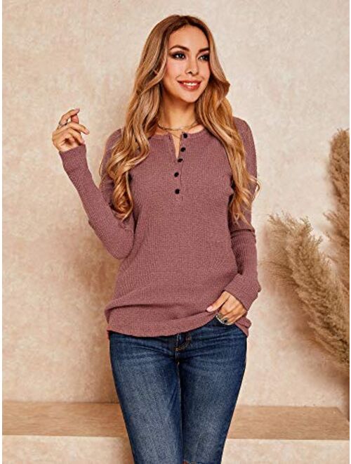 Womens Henley Shirts V Neck Long Sleeve Button Down Tops Warm Waffle Knit Tees