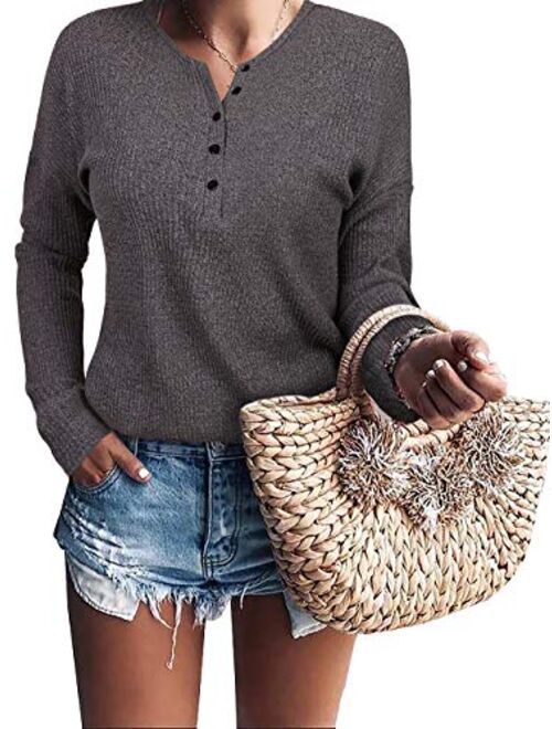 Womens Henley Shirts V Neck Long Sleeve Button Down Tops Warm Waffle Knit Tees