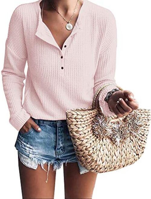 Womens Henley Shirts V Neck Long Sleeve Button Down Tops Warm Waffle Knit Tees