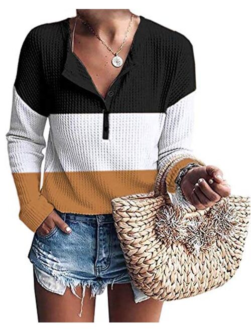 Womens Henley Shirts V Neck Long Sleeve Button Down Tops Warm Waffle Knit Tees