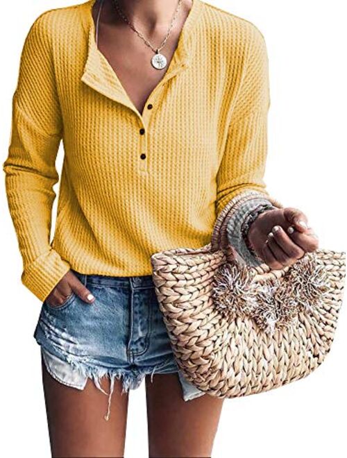 Womens Henley Shirts V Neck Long Sleeve Button Down Tops Warm Waffle Knit Tees