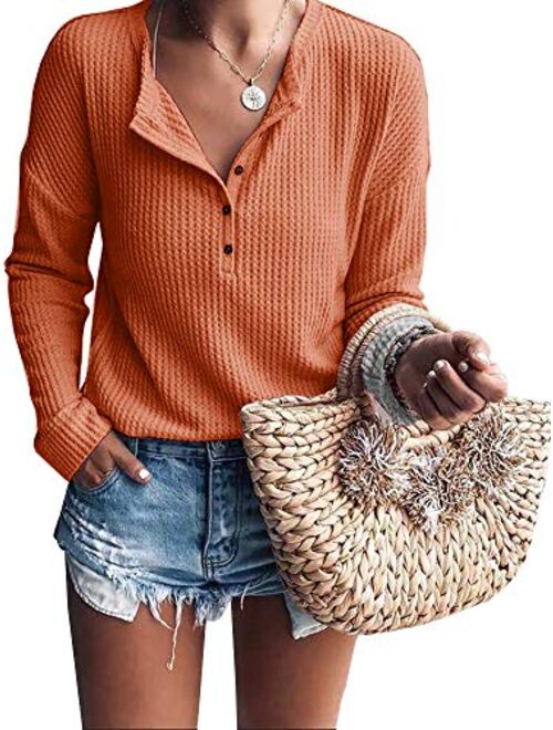 Womens Henley Shirts V Neck Long Sleeve Button Down Tops Warm Waffle Knit Tees