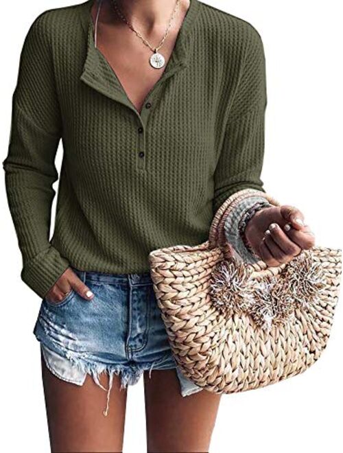 Womens Henley Shirts V Neck Long Sleeve Button Down Tops Warm Waffle Knit Tees