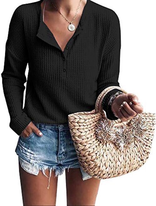 Womens Henley Shirts V Neck Long Sleeve Button Down Tops Warm Waffle Knit Tees