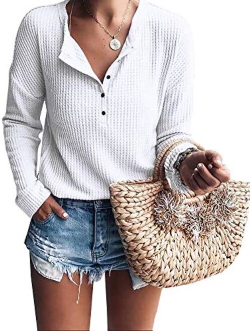 Womens Henley Shirts V Neck Long Sleeve Button Down Tops Warm Waffle Knit Tees