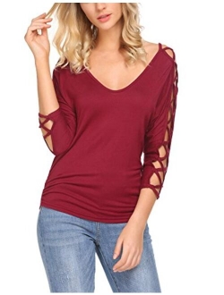 ELESOL Women V Neck Cut Out Shirts 3/4 Sleeve Cold Shoulder Open Back Blouse Tops S-XXL