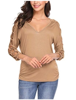 ELESOL Women V Neck Cut Out Shirts 3/4 Sleeve Cold Shoulder Open Back Blouse Tops S-XXL