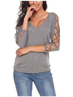 ELESOL Women V Neck Cut Out Shirts 3/4 Sleeve Cold Shoulder Open Back Blouse Tops S-XXL