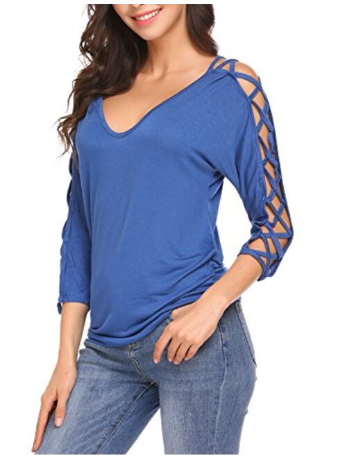 ELESOL Women V Neck Cut Out Shirts 3/4 Sleeve Cold Shoulder Open Back Blouse Tops S-XXL