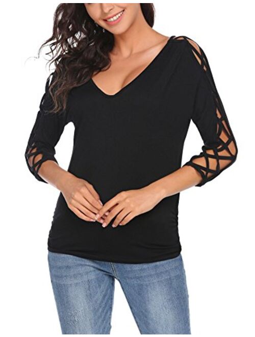 ELESOL Women V Neck Cut Out Shirts 3/4 Sleeve Cold Shoulder Open Back Blouse Tops S-XXL