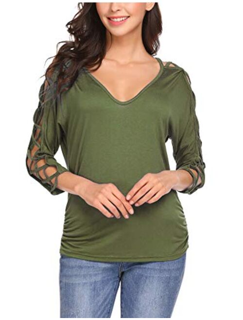 ELESOL Women V Neck Cut Out Shirts 3/4 Sleeve Cold Shoulder Open Back Blouse Tops S-XXL