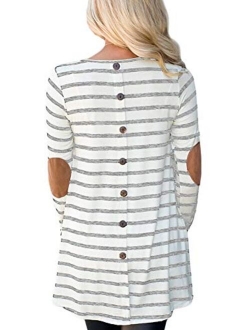 For G and PL Women Stripe Elbow Patch Button Down Back Tunic Tops