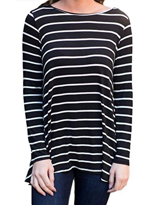 For G and PL Women Stripe Elbow Patch Button Down Back Tunic Tops