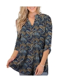 Othyroce Womens Floral Printed Tunic Tops 3/4 Roll Sleeve V Neck Blouses  Long Sleeve Shirts for Women