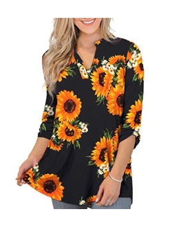 Othyroce Womens Floral Printed Tunic Tops 3/4 Roll Sleeve V Neck Blouses Long Sleeve Shirts for Women