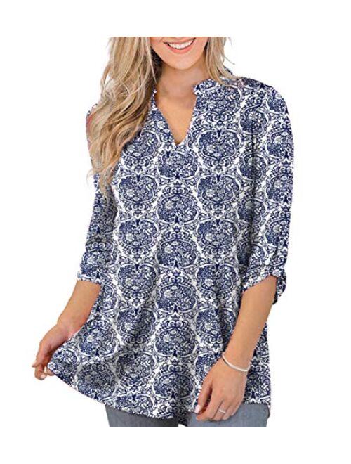 Othyroce Womens Floral Printed Tunic Tops 3/4 Roll Sleeve V Neck Blouses Long Sleeve Shirts for Women