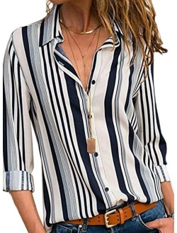 MISSLOOK Women's Stripes Button Down Shirts Roll-up Sleeve Tops V Neck Casual Work Blouses