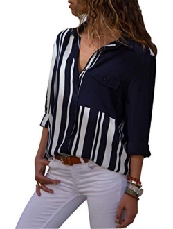 MISSLOOK Women's Stripes Button Down Shirts Roll-up Sleeve Tops V Neck Casual Work Blouses