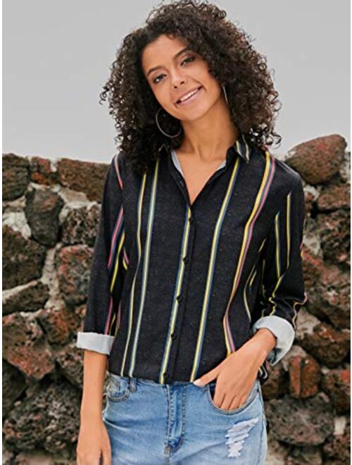 MISSLOOK Women's Stripes Button Down Shirts Roll-up Sleeve Tops V Neck Casual Work Blouses