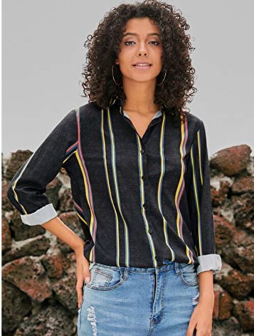 MISSLOOK Women's Stripes Button Down Shirts Roll-up Sleeve Tops V Neck Casual Work Blouses