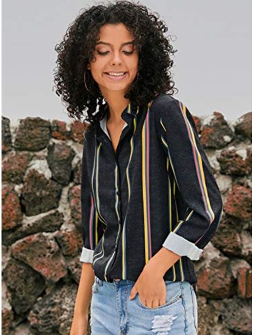 MISSLOOK Women's Stripes Button Down Shirts Roll-up Sleeve Tops V Neck Casual Work Blouses