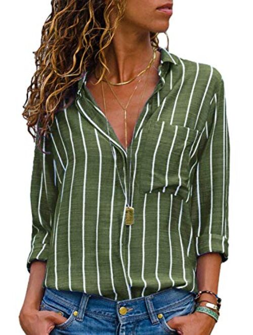 MISSLOOK Women's Stripes Button Down Shirts Roll-up Sleeve Tops V Neck Casual Work Blouses