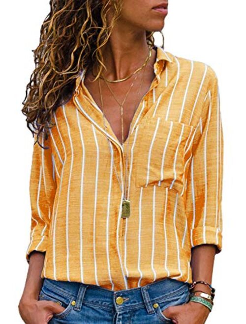 MISSLOOK Women's Stripes Button Down Shirts Roll-up Sleeve Tops V Neck Casual Work Blouses